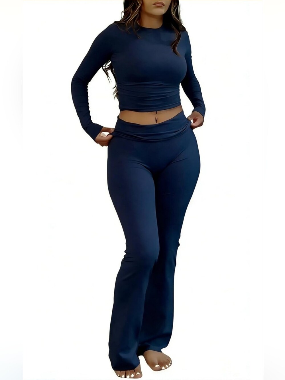 Nwt YETOWA sz small Y2K 2 Piece Outfits Tummy Control Long Sleeve Crop Top High